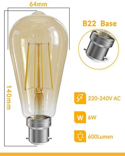 QNINE Bayonet Light Bulb, 6W (60W Equivalent), 600lm, Warm White 2700K, LED Filament Bulb, Non-Dimmable, 3-Pack