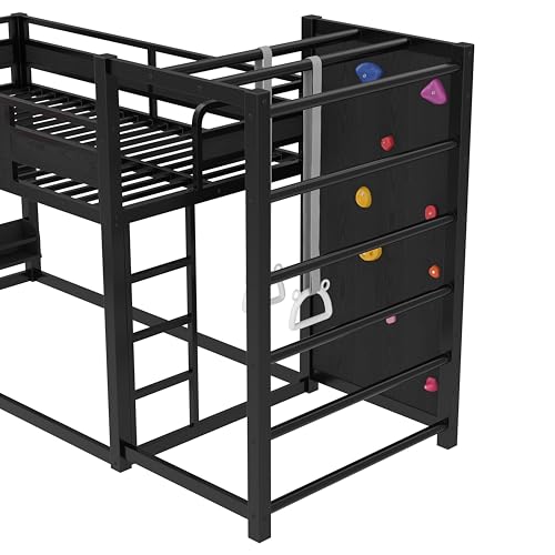 Image of Bellemave Bunk Bed Twin Over Twin with Slide, Basketball Hoop & Climbing Wall, Heavy Duty Metal Twin Bunk Beds for Kids with Guardrails, Low Bunk Bed for Bedrooms, No Box Spring Needed, Black