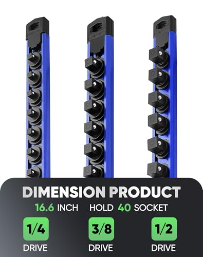 Image of ALOANES Magnetic Socket Organizer Set, 3-Piece Heavy Duty Aluminum Socket Rails, 360 Swivel Clips Socket Rail Kit for Tool Tray Drawer Fit 1 /2, 3 /8, 1 /4-Inch x 40 Clips (Blue, 3PC)