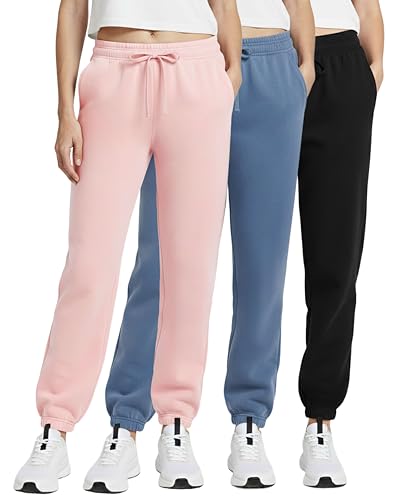 Real Essentials 3 Pack: Women's Fleece Jogger Sweatpants (Available in Plus Size)