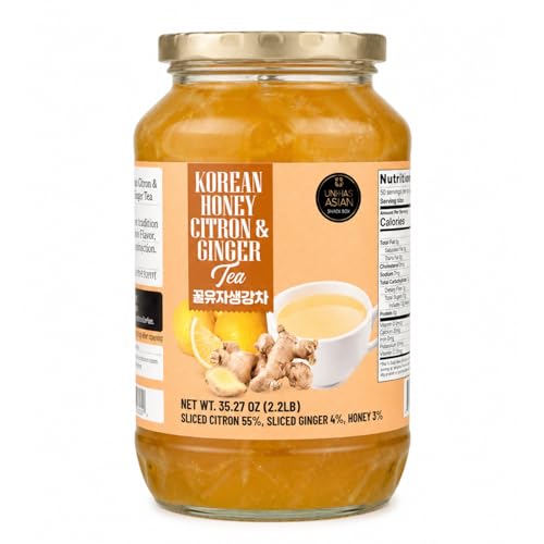 Korean Honey Citron Ginger Tea, 2.2 lb (1000g) – Real Sliced Yuzu & Ginger with Honey, Caffeine Free – Hot Tea, Iced Drinks, Marmalade, Juice & Salad Dressing – Product of Korea