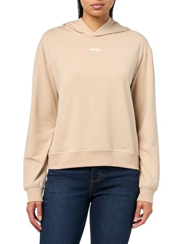 HUGO Women's Center Logo Relaxed Fit Hooded Sweatshirt, Stone Beige, Large