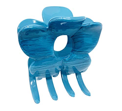 Parcelona French Big Flower Ocean Blue Large Hand Painted Celluloid Covered Spring Pony Jaw Hair Claw Clip for Thick Hair