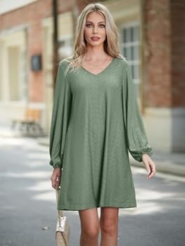 SOLERSUN Women's V Neck Long Puff Sleeve Casual Tshirt Dress 2023 Loose  Tunic Flare Swing Shift Dresses Light Green L: Buy Online at Best Price in  UAE - Amazon.ae