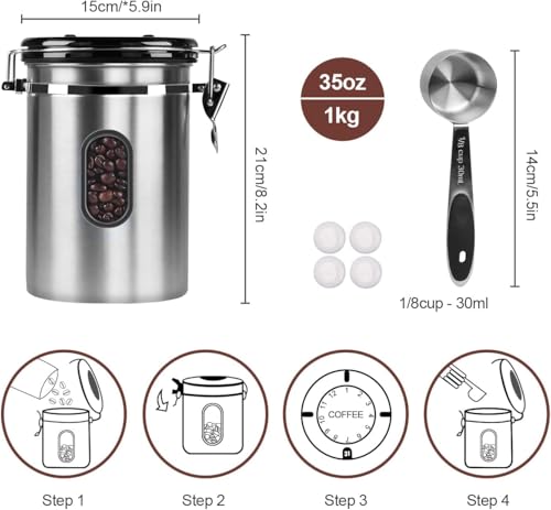 Airtight Coffee Canister with Date Tracker&Transparent Window, 35OZ Coffee Container with 30ML Measure Spoon&4 co2 Valve, Coffee Bean Storage Container for Grounds Coffee, Beans, Tea(Silver) by ROCKY&CHAO - Image 5