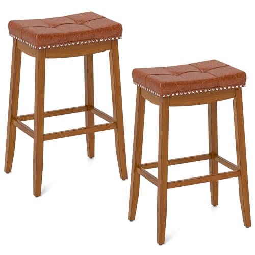 Juego de 2 butacos de bar COSTWAY, altura de barra de 29 pulgadas, asiento de cuero sintético PU, estructura de madera de caucho maciza, reposapiés, butacos sin respaldo de estilo mid-century para isla de cocina y bar en casa miniatura 1