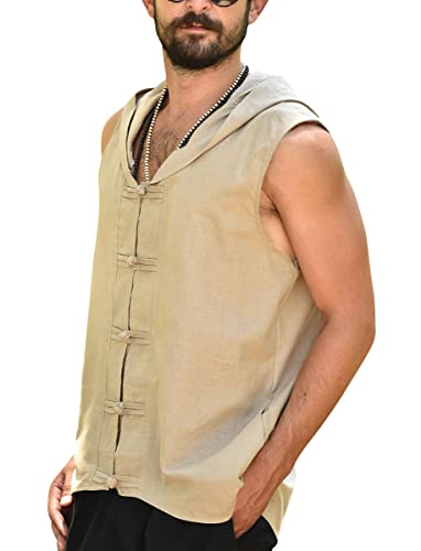 Gafeng Men's Linen Sleeveless Hoodies Summer Beach Casual Hippie Workout Muscle Frog Button Shirt Tank Tops Beige #TOP1