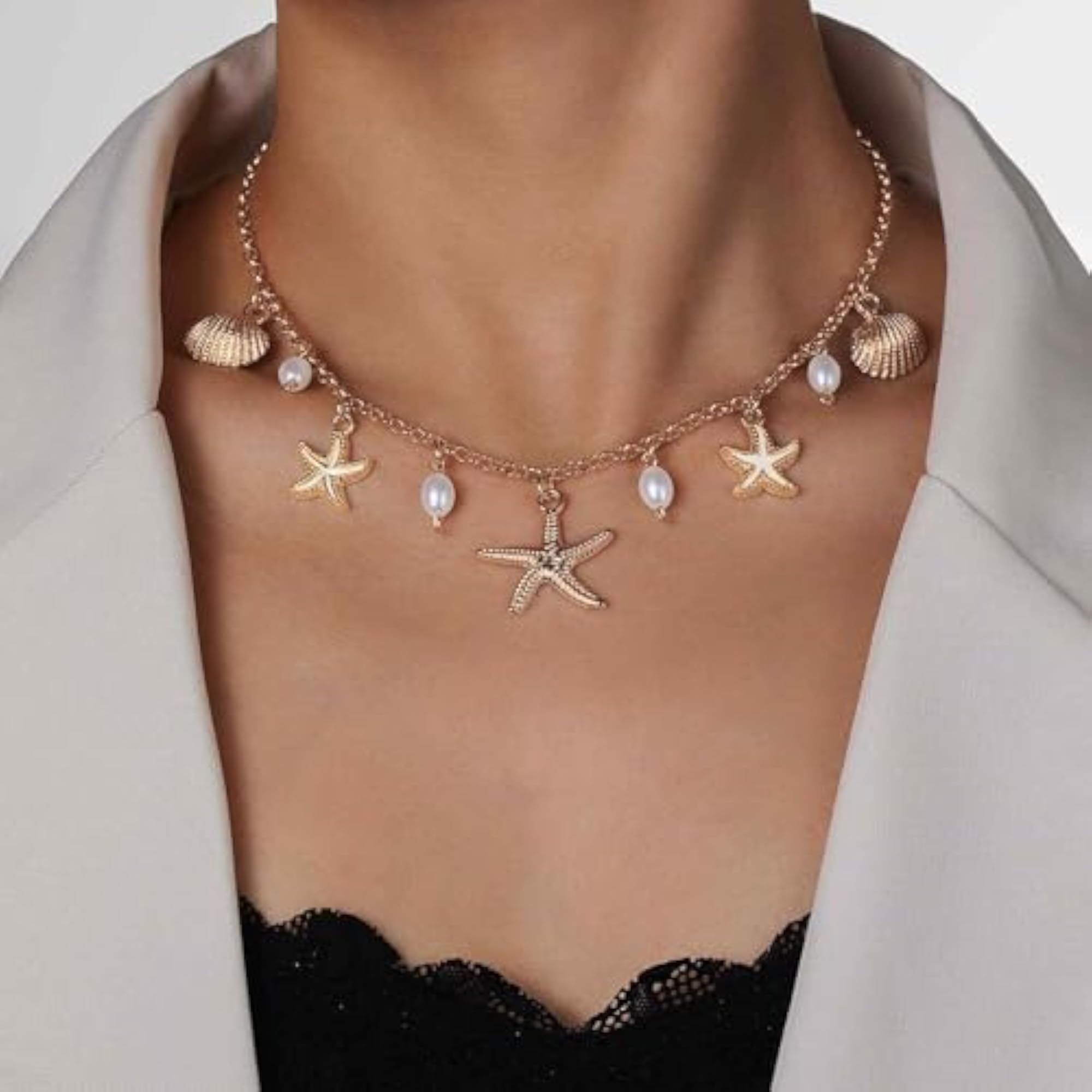 Women's Layered Pearl & Starfish Pendant Necklace, Beach Style