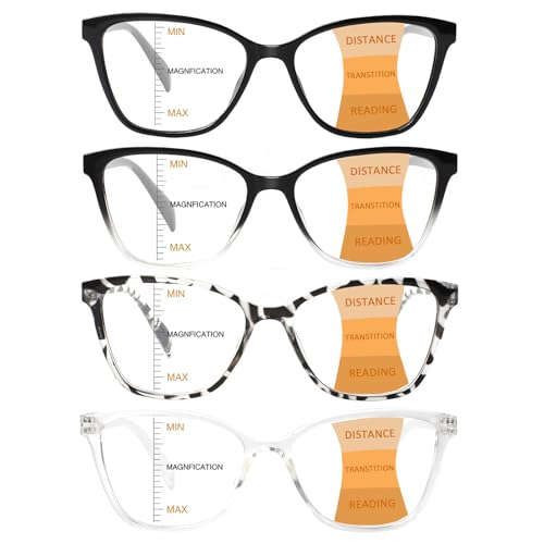 VisiWell 4 Pack Progressive Multifocus Reading Glasses for Women Men Blue Light Blocking Readers...