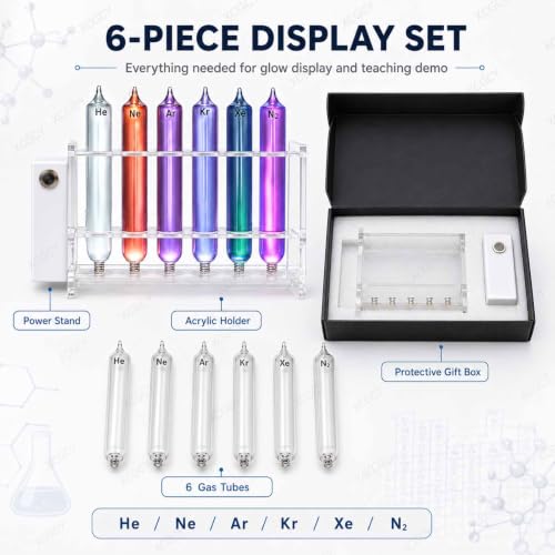GCYXUC Noble Gas Glow Tubes Set, Noble Rare Luminous Gases Element Collection, 6 Rare Gas Glass Tubes, 99.999% Pure He/ne/ar/kr/xe with Excitation Base for Collection, Display, Teaching and Gift - Image 3