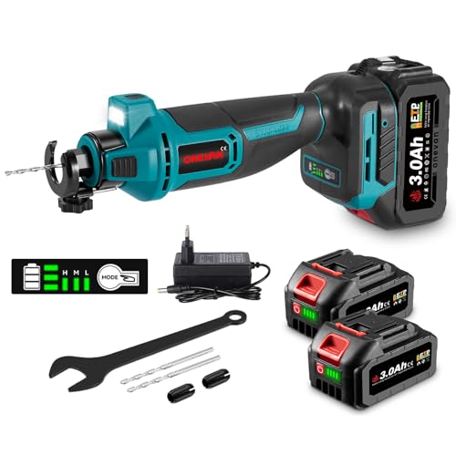 ONEVAN Fresadora Inalámbrica para Pladur Hidráulica con 2 Baterías 3.0Ah Corte 35mm Herramienta de Corte Sin Escobillas Sierra Espiral Rotativa para Madera y Paredes Secas