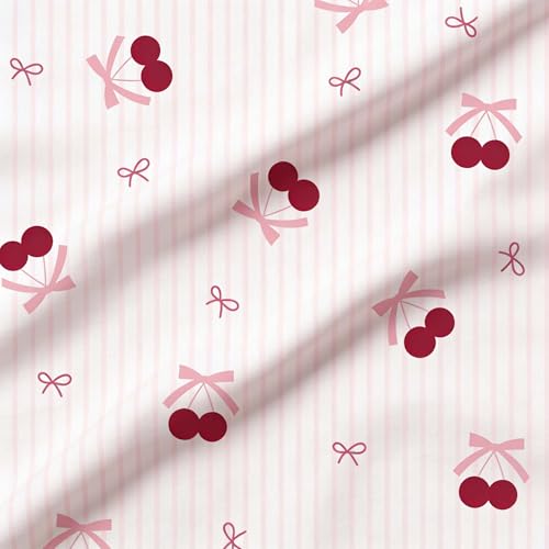 Image of Nayoroom Pink Striped Bow Duvet Cover Queen Size Red Cherry Duvet Cover 3 Pieces Soft Lightweight Microfiber Girls Cute Aesthetic Dorm Bedding Set with Zipper Closure