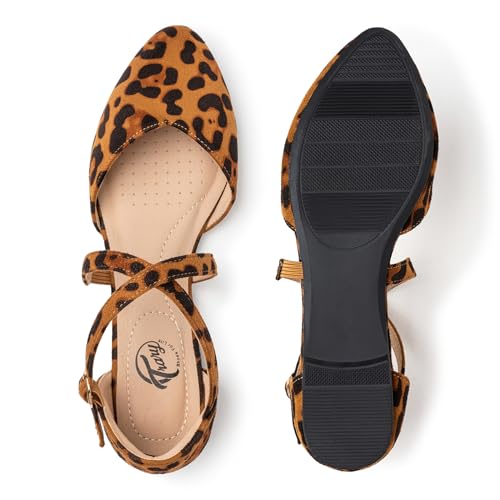 Trary Leopard Mary Jane Flats for Women, Pointed Toe Suede Ballet Flats with Double Cross Ankle Straps, Comfortable Casual Dress Shoes Size 83