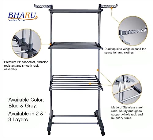Image of Premium Foldable Stainless Steel Cloth Drying Stand (Blue, 2 Teir)
