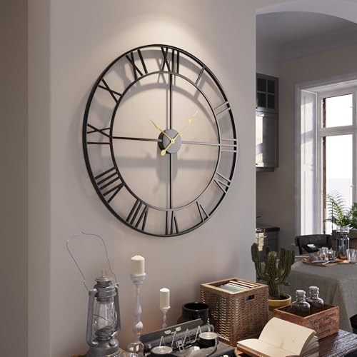 Cuspin Large Wall Clock for Living Room Mantel Decor, 36 Inch Wall Clock Battery Operated, Metal Round Roman Numeral Big Black Clock for Bedroom, Home, Kitchen, Office, Wall Decor