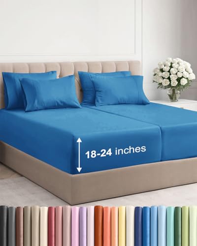 Image of Extra Deep Split King Sheet Set - 7 Piece Breathable & Cooling - Denim Blue | Hotel Luxury Bed Sheets Set, Easy & Secure Fit, Ultra-Soft, Wrinkle & Fade Free, Comfy Sheets Set with Extra Deep Pockets