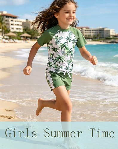 Image of Lovekider Girls Swimsuits Two Piece Rash Guard Set Short Sleeve Bathing Suit Liner Swimwear with Sun Protection 3-12T
