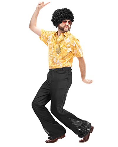 Men's 70S Disco Costume Sequin Pants Mens Bootcut Trousers With Wig Sunglasses Disco Necklace For Party (M) #TOP4