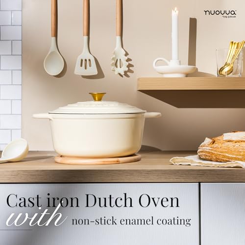 Image of Cast Iron Pot with Lid-Non-Stick Ovenproof Enamelled Casserole Pot, Oven Safe up to 500 F-Sturdy Dutch Oven Cookware - Cream, 5-Quart, 24cm-by Nuovva