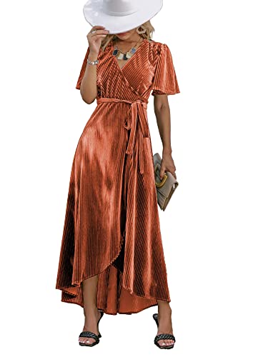 BerryGo Women's Fall Formal Velvet Wrap Dress V Neck Cocktail Short Sleeve Winter Long Maxi Dress Cherry L