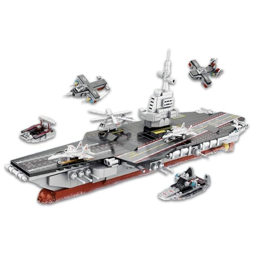 WULOBOOI 8 in 1 WW2 Aircraft Carrier Building Set, Military Cruiser Ocean Battleship Toy with Helicopter & Boat (25 Warship Models), 562 Pieces Naval Gifts for Adults Man Teens 14+