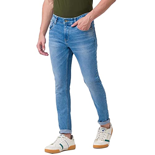 Image of Spykar Light Wash Cotton Stretch Tapered Fit Mens Jeans (Blue, 32)