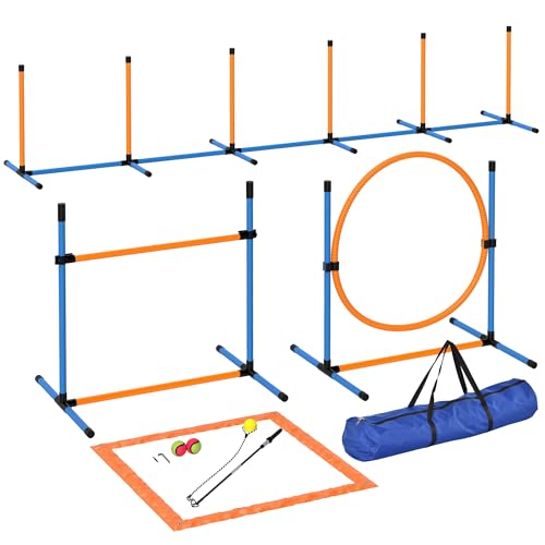 PawHut Agility Set Hunde 7-teilig Agility-Ausrüstung für Hundetraining Steckhürdenset mit Slalomstangen Sprunghoop 2 Bälle höhenverstellbar Hürden Koordinationstraining für Spiele Training