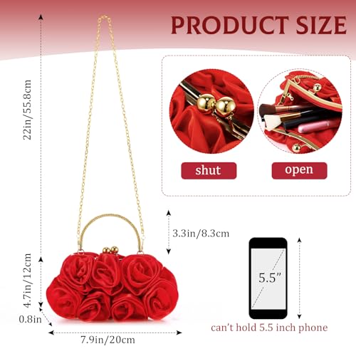 Abbylike 4 Pcs Women Costume Accessories Set Red Rose Gold Necklace Women Rose Shaped Clutch Rose Pendent Bracelet Flower Jewelry Princess Dangle Earrings for Wedding Gifts3