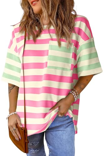 Womens Oversized Color Block Striped Tshirts Summer Casual Short Sleeve Tops Loose Fit Crew Neck Shirts