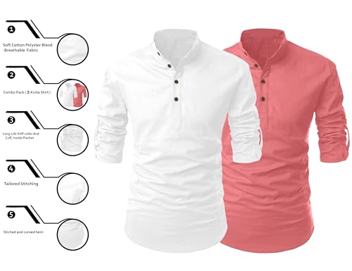 Image of FINIVO FASHION Combo of Men's Cotton Blend Solid Regular Fit Full Sleeve Straight Short Kurta Shirt, Casual and Formal Wear