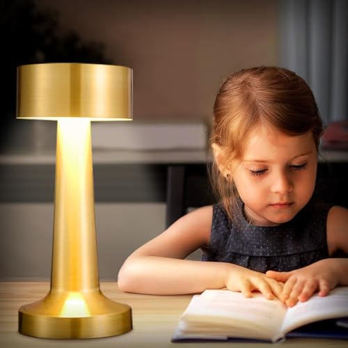 Image of Golden Round LED Table Lamp 3 Color Modes Warm Cool Natural Light, Dimmable Brightness, 1200mAh Rechargeable Battery, Portable Night Light for Bedroom Bedside Desk Home Decor Use -Touch Control