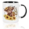 Whaline Highland Cow Mug Fall Cow Sunflower Coffee Mug Autumn Farmhouse Party Ceramic Cup for Home School Office Table Centerpieces Housewarming Gift 12oz