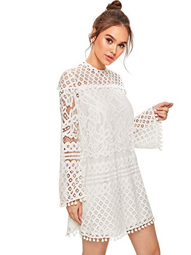 SheIn Women's Crochet Pom-pom Sheer Lace Bell Sleeve Dress X-Large White - Image 6