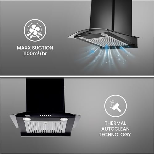 Image of Hindware Smart Appliances | Elena 60 cm Chimney | 1100 CMH | Curved Glass | Auto Clean | Push Button | 5 Yrs Warranty on Motor & 2 Yrs on Product | Wall Mounted (Baffle Filter, LED Lamps, Black)