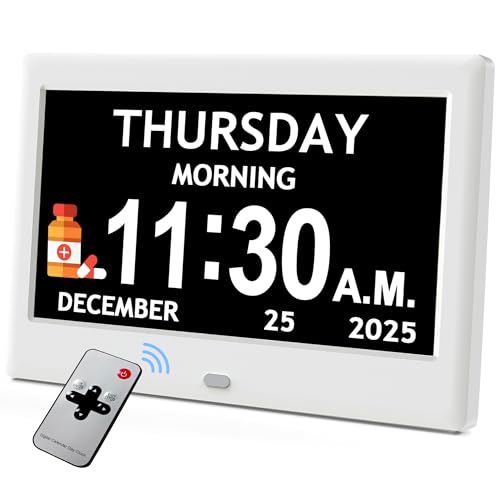 7'' Dementia Clock For Seniors, Large Display Digital Clock With Date, Time, Day Of Week for Elderly, Alzheimer, 1024*600P HD, 10 Reminders & 8 Alarms, Auto Dimming & DST, Remote Control, White
