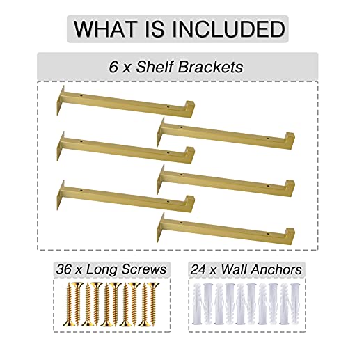 Ovov 6 Pack Heavy Duty Shelf Brackets Industrial Iron Squre Pipe Shelving Brackets With Lip For Kitchen Bathroom Storage (Gold) 12" #TOP6