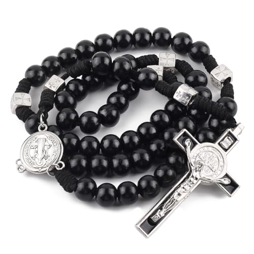12mm Black Wood Beads Rosary with St.Benedict Metal Center Piece Necklace 21inch with Medal Crucifix for Men