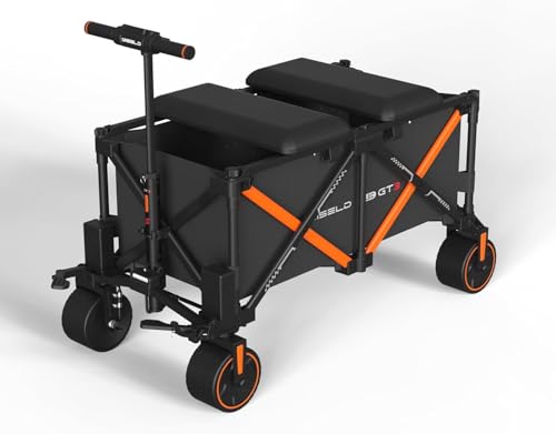 WISELD GT3 Electric Foldable Wagon Cart with 2 Seats, All Terrain Wheels 551lbs Large Capacity Multi-Purpose Wagon for Grocery Shopping, Sports, Garden and Camping