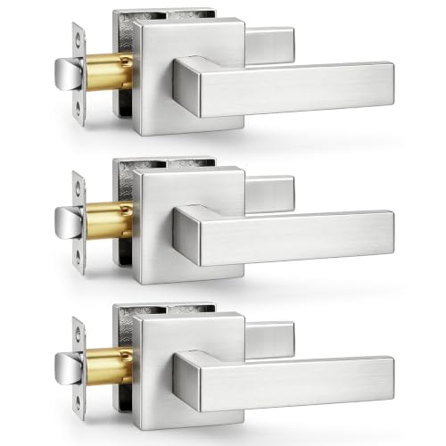Probrico 3 Pack Interior Non-Locking Passage Door Handles, Square Reversible Zinc Alloy Closet Door Lever in Brushed Nickel
