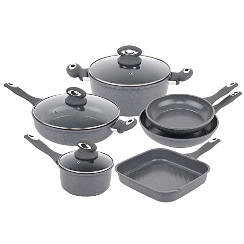 Gr8 Home Forged 9 Piece Grey Marble Carbon Steel Cookware Set Non Stick Cooking Pot Frying Grill Pan Saucepan Kitchenware with Lids New Improved Quality Stock June 2023