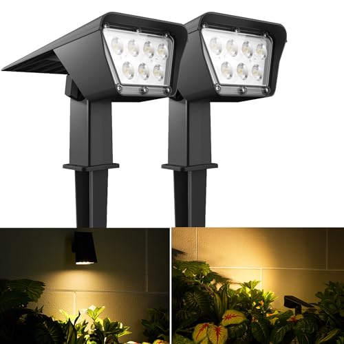 AGOTD Luces Solares LED Exterior Jardin, Focos Solares Exterior Blanca Cálida 3000K Impermeable IP65 Lámparas Solares para Caminos, Patio,Terreza,Césped y Camping, 2 Piezas