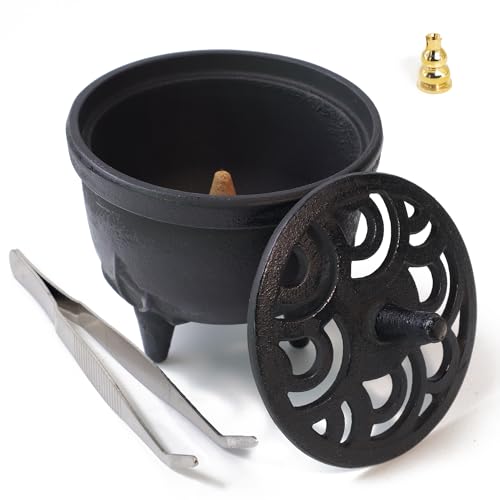 BEYLAB Porta Incienso de Hierro Fundido con Tapa Flor Loto, Soporte versátil para Cualquier Varilla Incienso, Cono, resinas, decoración Zen Tradicional Japonesa, aromaterapia atención Plena