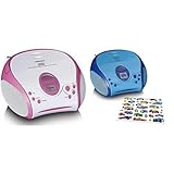 Lenco SCD-24 Kids CD-Player 2er Set – Boombox mit CD-Radio, UKW-Tuner, Titel-Speicher, 2 x 1,5 W RMS, Netz- und Batteriebetrieb – Rosa & Blau, inkl. Aufkleber