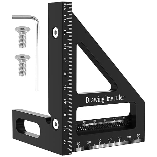 3D Multi-Angle Measuring Ruler,45/90° Woodworking Square Protractor,Aluminum Alloy Miter Triangle Ruler,Precise Layout Measuring Tool with Spanner,Woodworking Ruler Angle Finder for Carpenter (Black)