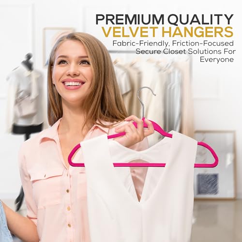 Image of Techzoo Premium Velvet Hangers 50 Pack Ultra Thin Non Slip Adult Felt Space Saving Suit Hanger for Closet Heavy Duty Coat Pants Jackets Dress Hangers 360 Swivel Hook Hold Upto 10 lbs Dark Pink