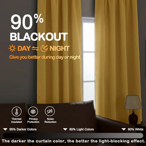 Image of Bright Gold Blackout Curtains for Bedroom 84 Inch Length 2 Panels Set, Thermal Insulated Curtains for Living Room Nursery, Energy Saving Cortinas Blackout para Dormitorio, 2x40Wx84L