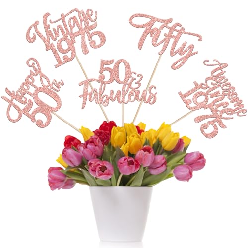 15 Pack Happy 50th Birthday Centerpiece Sticks Assembled Glitter Vintage 1975 Fifty 50 Fabulous Awesome Since 1975 Table Centerpiece Sticks for 50 Fabulous Theme Party Supplies Rose Gold