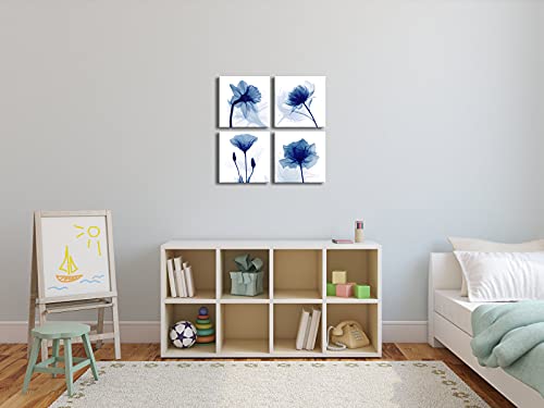 Pyradecor Blue Flickering Flower Modern Abstract Paintings Canvas Wall Art Gallery Wrapped Grace Floral Pictures On Canvas Prints 4 Panels Artwork For Living Room Bedroom Office Home Decorations #TOP2