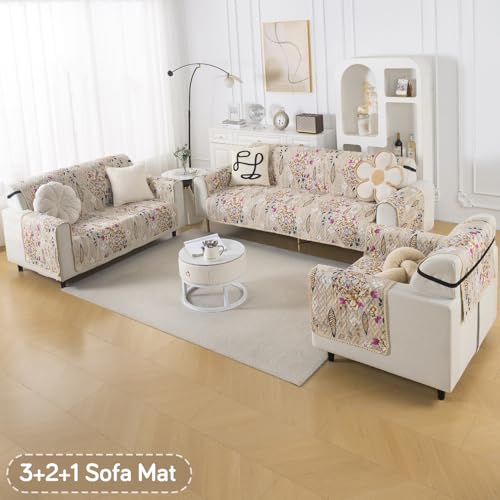 Image of HOKIPO AB Dual Design Quilted Sofa Cover 6 Seater, 3+2+1 Sofa Cover Set, Easy Drape Series, Garden Classic (IN-1101 + IN-1100+IN-1099-ED9)