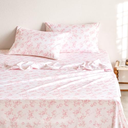 Wake In Cloud - Floral Bed Sheets, 4-Piece Sheet Set, Shabby Chic Botanical Coquette Cottagecore Vintage Flower Pattern Printed Bedding, Deep Pocket, Pink, Queen Size by Wake In Cloud - Used condition - US$28.49